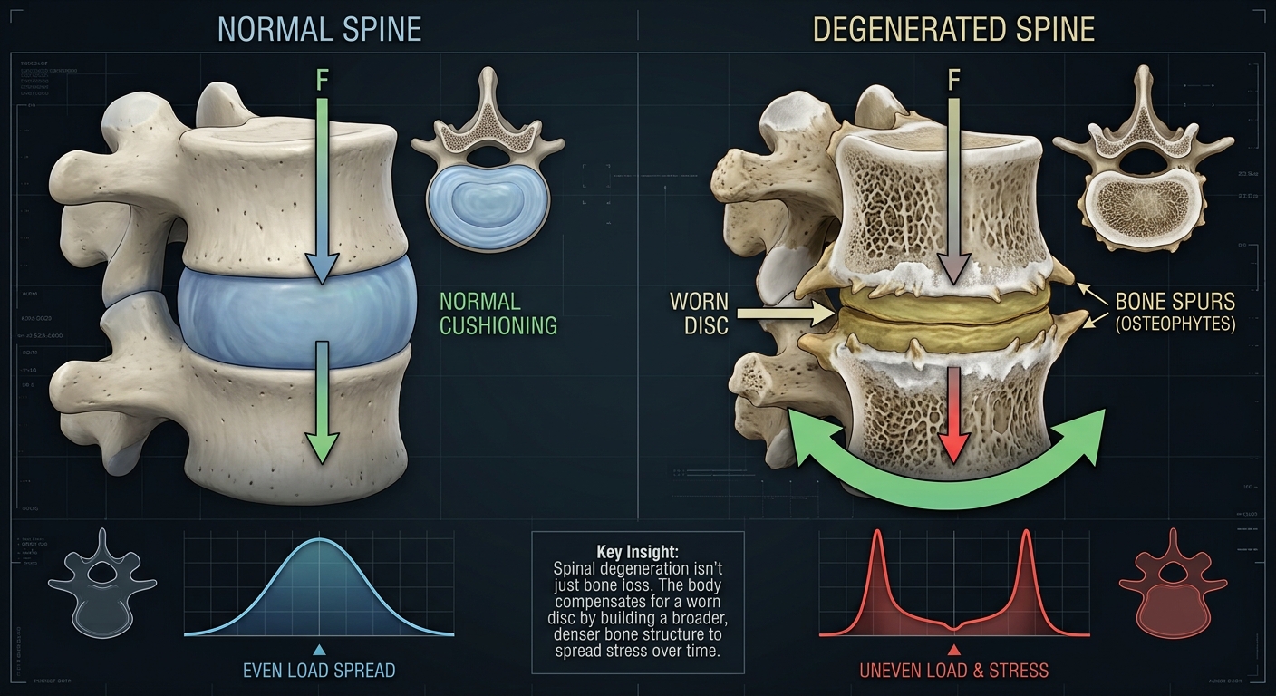 Diagram showing how disc degeneration leads to adaptive bone remodeling in the lumbar spine