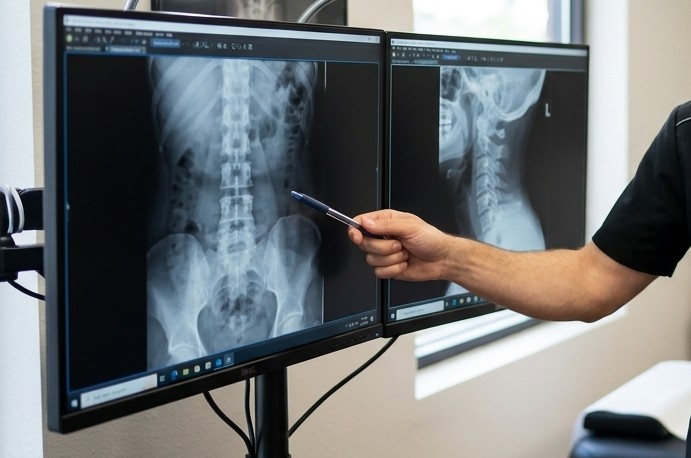 Chiropractor reviewing Xrays on multiple screens