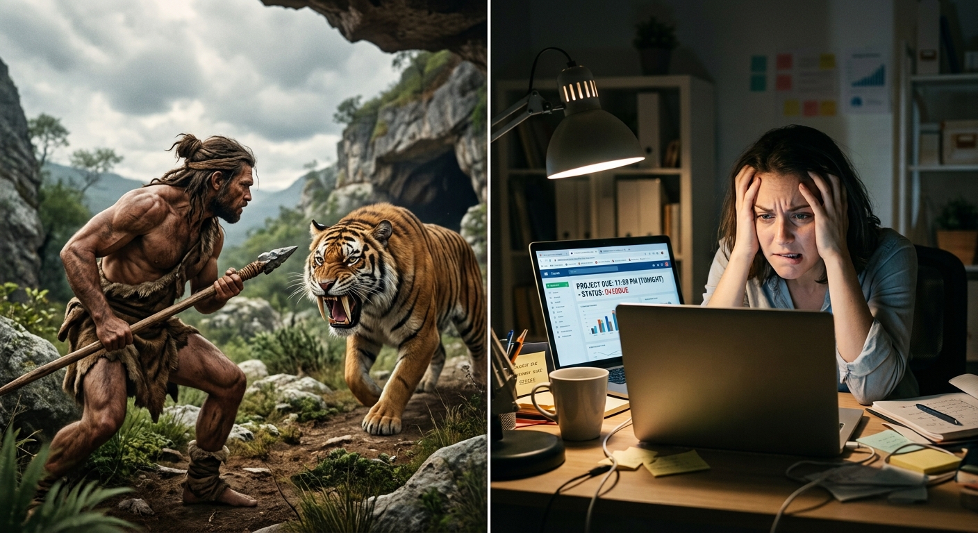 Side by side comparison of primitive fight-or-flight bracing and modern stress posture
